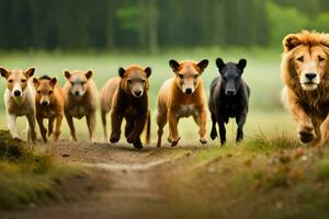 een groep van leeuwen rennen samen in de Woud. ai-gegenereerd foto