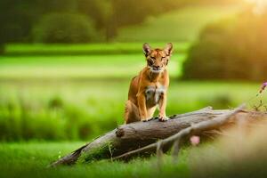 een rood vos staand Aan een log in een veld. ai-gegenereerd foto