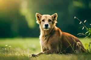 een bruin hond zittend in de gras. ai-gegenereerd foto