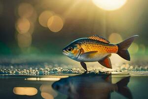 een vis is staand Aan de water met de zon schijnt. ai-gegenereerd foto