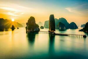 de zon stijgt over- de water in Halong baai. ai-gegenereerd foto