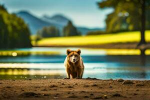 een bruin beer staand Aan de kust van een meer. ai-gegenereerd foto
