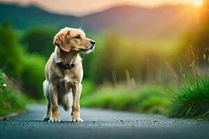 een hond is staand Aan de weg Bij zonsondergang. ai-gegenereerd foto
