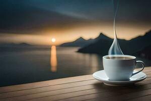 een kop van koffie Aan een houten tafel met een visie van de zee en bergen. ai-gegenereerd foto