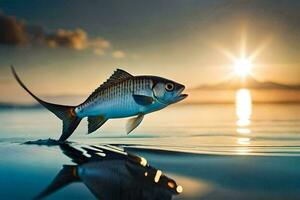 een vis is jumping uit van de water Bij zonsondergang. ai-gegenereerd foto