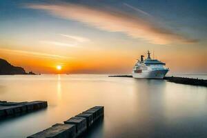 een reis schip aangemeerd Bij de pier Bij zonsondergang. ai-gegenereerd foto