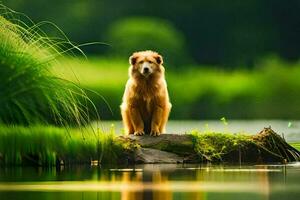 een hond zittend Aan een log in de water. ai-gegenereerd foto