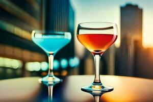 twee bril van alcohol zijn zittend Aan een tafel in voorkant van een stad horizon. ai-gegenereerd foto