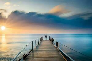 een Mens staat Aan een pier Bij zonsondergang. ai-gegenereerd foto