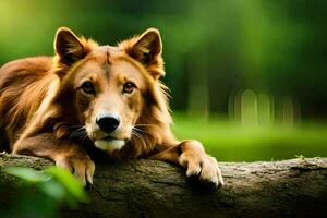 een bruin hond houdende Aan een log in de bossen. ai-gegenereerd foto