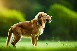 een hond staand in de gras met een groen achtergrond. ai-gegenereerd foto