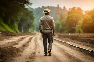 een Mens in een hoed wandelingen naar beneden een aarde weg. ai-gegenereerd foto