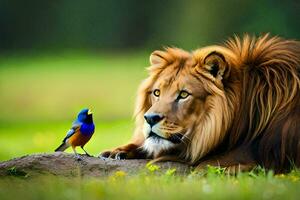 de leeuw en de blauw vogel. ai-gegenereerd foto