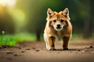 een klein bruin hond is wandelen Aan een aarde weg. ai-gegenereerd foto