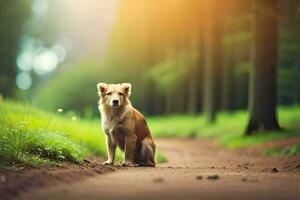 een hond zittend Aan de kant van een weg in de bossen. ai-gegenereerd foto