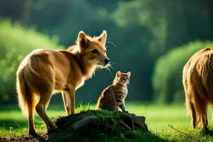 een hond en kat staand Aan een met gras begroeid veld. ai-gegenereerd foto