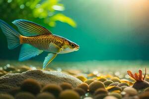 een vis zwemmen in een aquarium met rotsen en planten. ai-gegenereerd foto