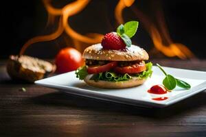 een Hamburger met tomaat, sla en een aardbei Aan een bord. ai-gegenereerd foto