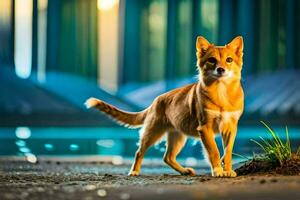 een hond is staand Aan de straat Bij nacht. ai-gegenereerd foto