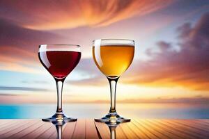 twee bril van wijn Aan een tafel met zonsondergang in de achtergrond. ai-gegenereerd foto