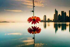 een bloem hangende van een touw in voorkant van een stad horizon. ai-gegenereerd foto