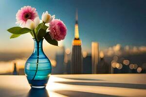 een vaas met bloemen Aan een tafel in voorkant van een stad horizon. ai-gegenereerd foto