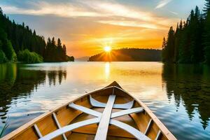 een kano is drijvend Aan de water Bij zonsondergang. ai-gegenereerd foto