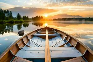 een boot is aangemeerd Aan een meer Bij zonsondergang. ai-gegenereerd foto