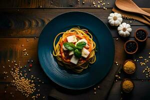 spaghetti met tomaat saus en basilicum bladeren Aan een blauw bord Aan een houten tafel. ai-gegenereerd foto