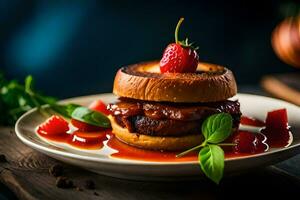 een Hamburger met saus en aardbeien Aan een bord. ai-gegenereerd foto