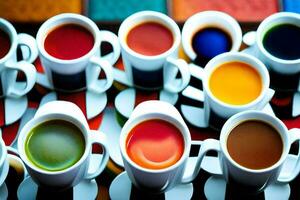 veel verschillend gekleurde cups van koffie zijn geregeld Aan een tafel. ai-gegenereerd foto