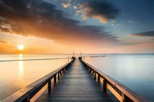 een houten pier strekt zich uit uit in de oceaan Bij zonsondergang. ai-gegenereerd foto