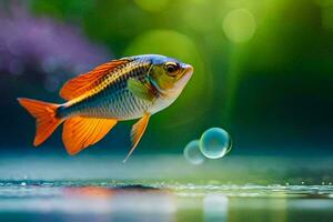 een vis is zwemmen in de water met bubbels. ai-gegenereerd foto