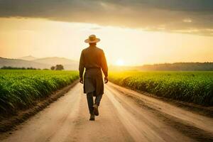 een Mens in een hoed wandelingen naar beneden een aarde weg in voorkant van een veld. ai-gegenereerd foto