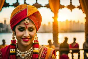 een mooi Indisch bruid glimlachen Bij de camera. ai-gegenereerd foto