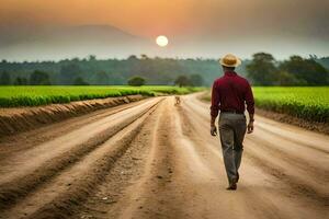 een Mens wandelen naar beneden een aarde weg Bij zonsondergang. ai-gegenereerd foto