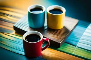 twee koffie cups Aan een houten tafel. ai-gegenereerd foto