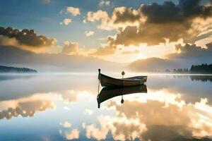 een boot is drijvend Aan een kalmte meer Bij zonsondergang. ai-gegenereerd foto