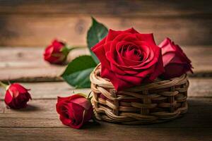 rood rozen in een mand Aan een houten tafel. ai-gegenereerd foto