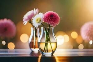 twee vazen met roze bloemen in hen Aan een tafel. ai-gegenereerd foto