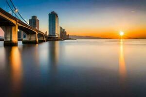 de zon stijgt over- een brug en stad horizon. ai-gegenereerd foto
