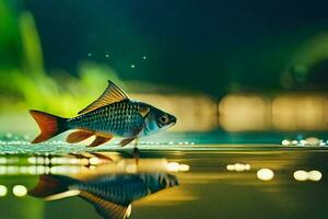 een vis is staand Aan de water met lichten. ai-gegenereerd foto