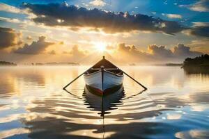 een boot Aan de water Bij zonsondergang. ai-gegenereerd foto