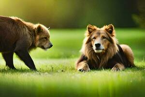 twee bruin bears zijn zittend Aan de gras. ai-gegenereerd foto