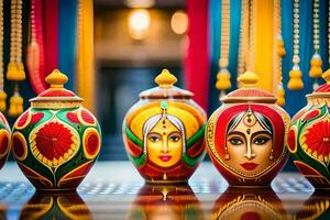 kleurrijk Indisch pottenbakkerij vazen. ai-gegenereerd foto