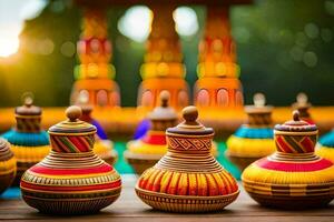 kleurrijk pottenbakkerij Aan een houten tafel. ai-gegenereerd foto