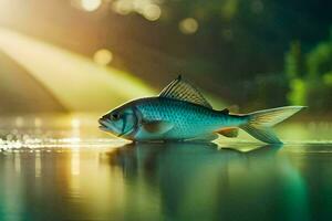 een vis is zittend Aan de water in voorkant van de zon. ai-gegenereerd foto