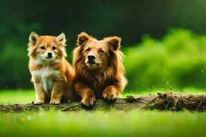 twee honden zittend Aan een log in de gras. ai-gegenereerd foto