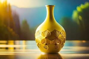 een geel vaas zittend Aan een tafel met een visie van de bergen. ai-gegenereerd foto
