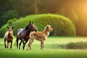 drie paarden rennen in de gras. ai-gegenereerd foto